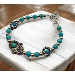 Hamsa Hand Charm Beaded Bracelet With Faux Turquoise Silver Tone Accents Boho